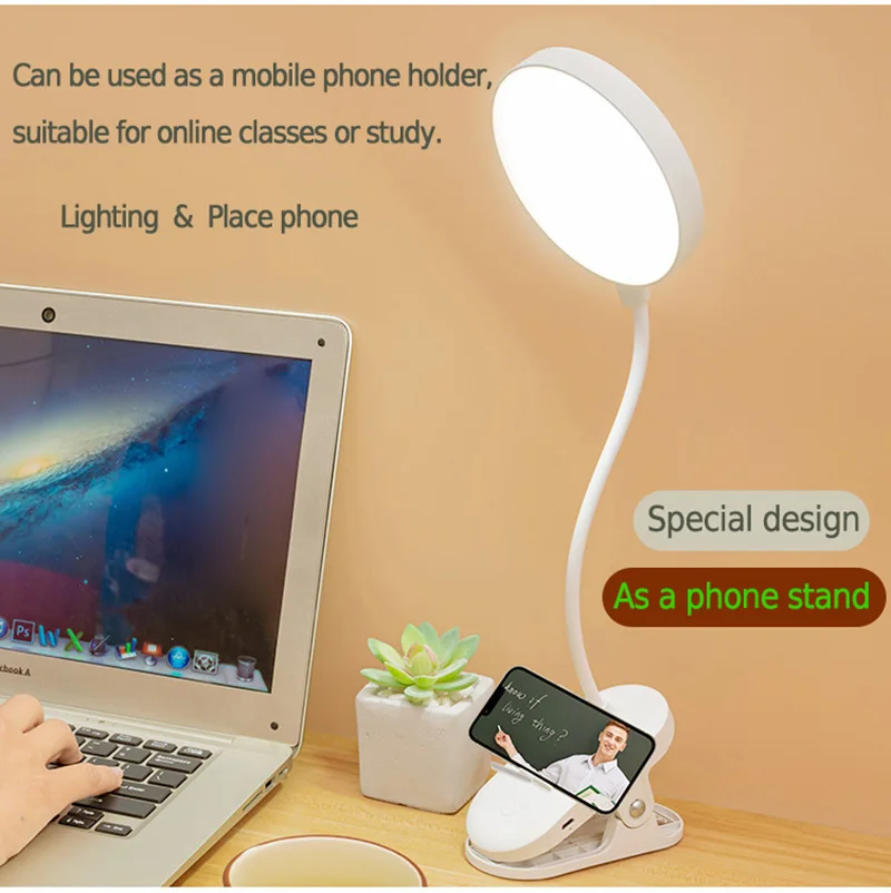 USB Rechargeable Table Lamp with Alligator Clip Mouting 3 Modes Dimming  Desk Lamp Eye Protection Book Light USB LED Night Light