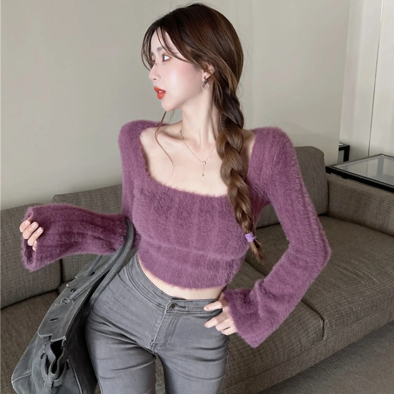 Fluffy Sweaters Women Square Collar Slim Hotsweet Aesthetic Simple Spring Autumn Ladies Stylish Leisure Popular Korean Style