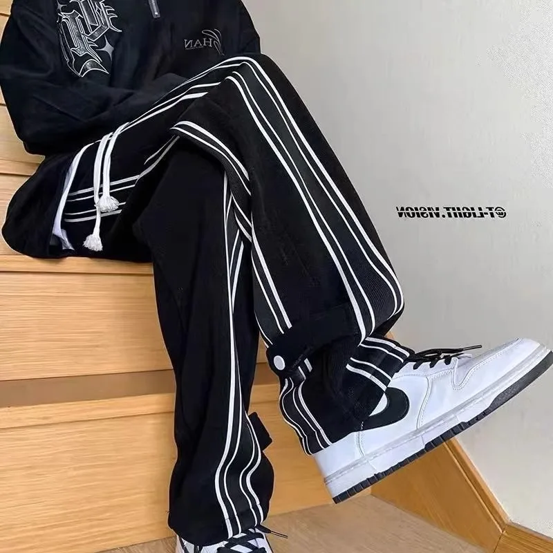 

Men's Loose Straight Leg Sport Pants Autumn Large Size 300 Pou Bla White Stripes Casual Trousers High Street Sle