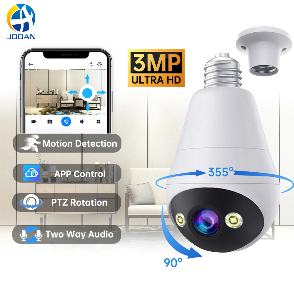 Kamera Pengawas Bohlam Jooan 3MP, Penglihatan Malam Berwarna, Pelacakan Manusia Otomatis, Zoom, Monitor Keamanan Dalam Ruangan, Kamera Wifi