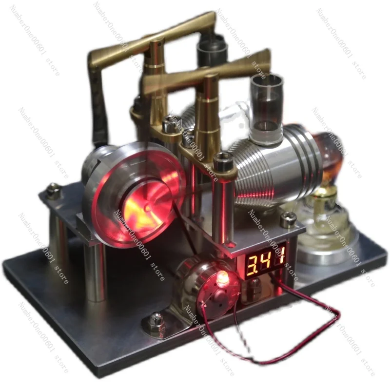 Stirling Engine Generator Model Balance Double Cylinder with Voltmeter Metal Model Scientific Physics Experiment Equipment