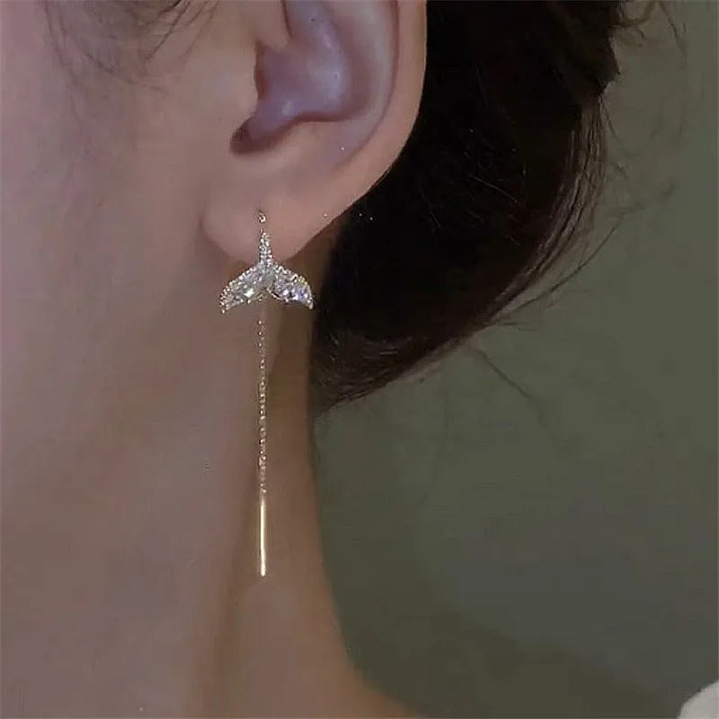 Fashion Long Tassel Ear Line Earrings For Women Korean Temperament Crystal Fish Tail Drop Earrings Girls Daily Party Jewelry