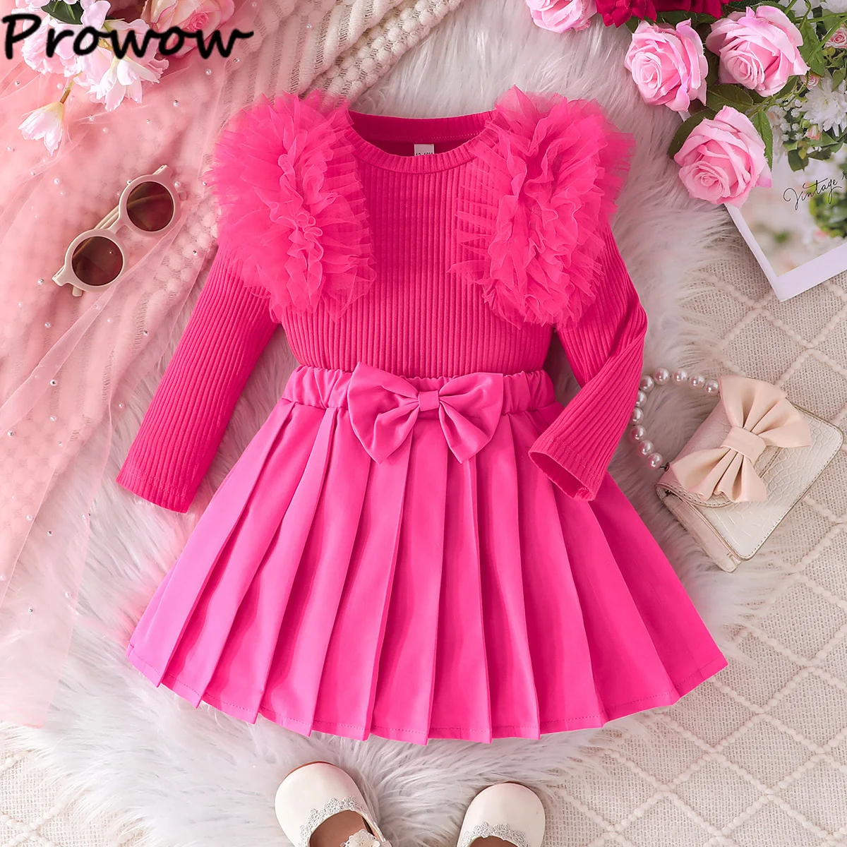 

Low Price Cheap Clothes Toddler Baby Girl Outfits Sets For Autumn Winter Puffy Mesh Sleeve Top and Pleated Skirt Two Piece Kit