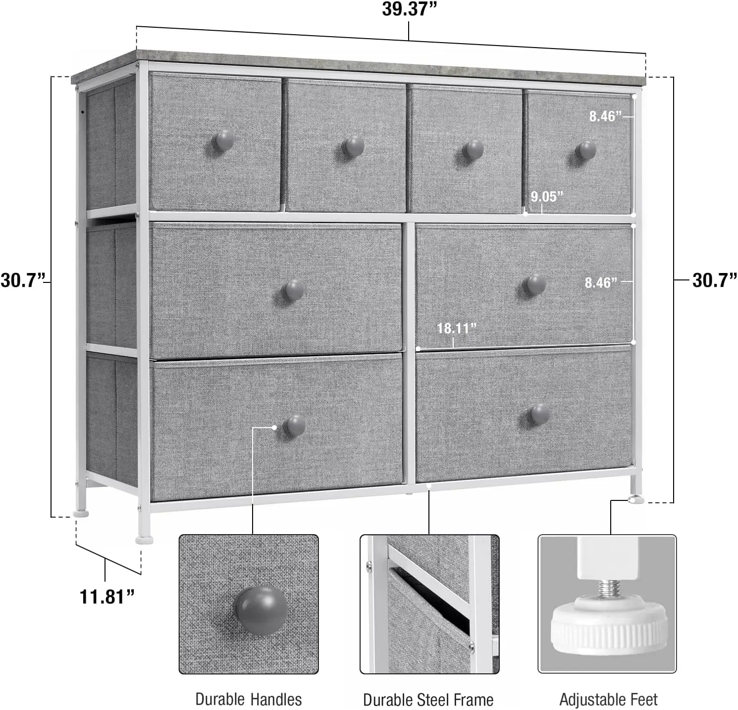 Dresser with 8 Drawers - Chest Clothing Organizer Unit with Steel Frame Wood Top Knob Handle Easy Pull Fabric Bins Large