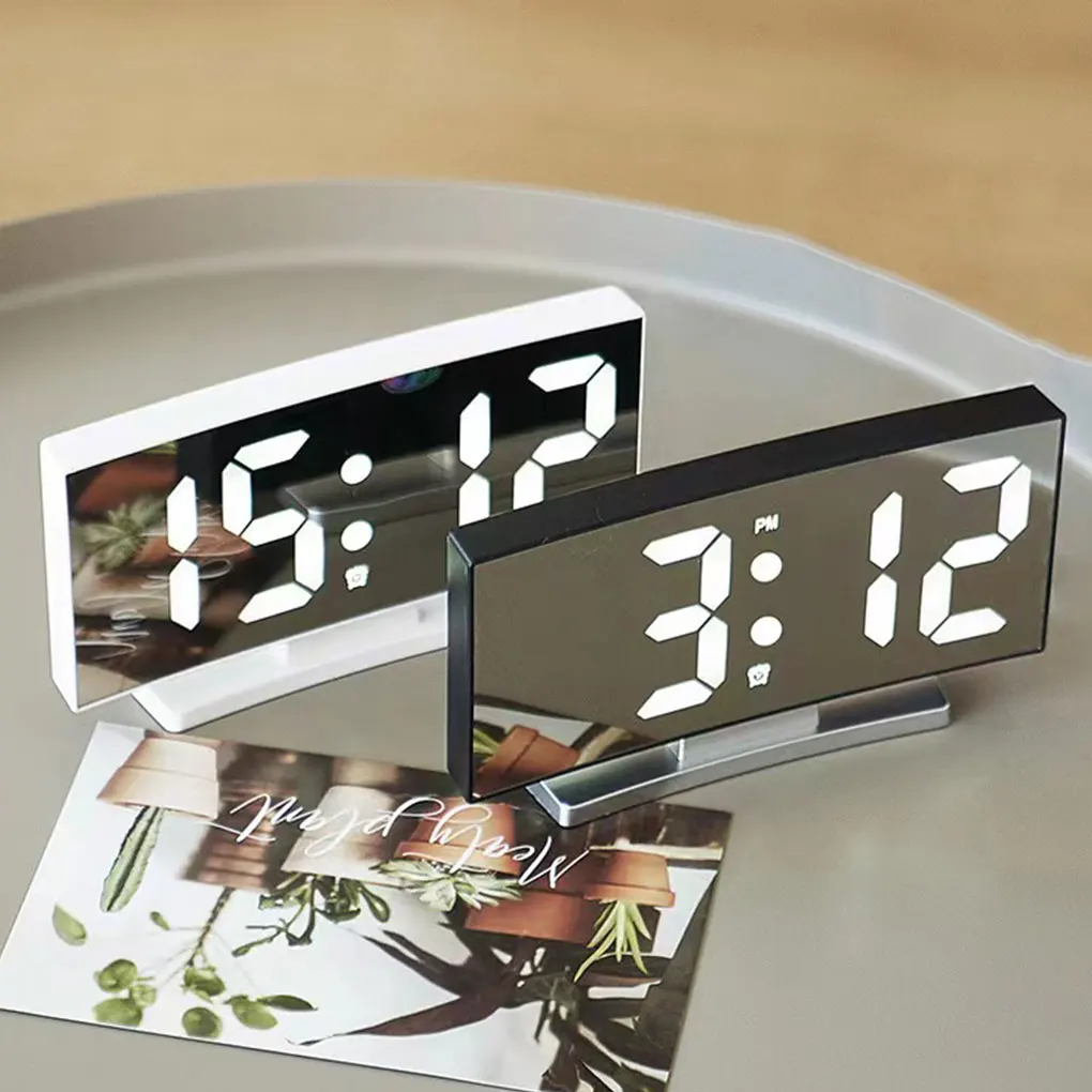 LED Alarm Clock Large Screen Curved Surface Adjustable Table Decor for  Bedroom Living Room Supplies White/white light