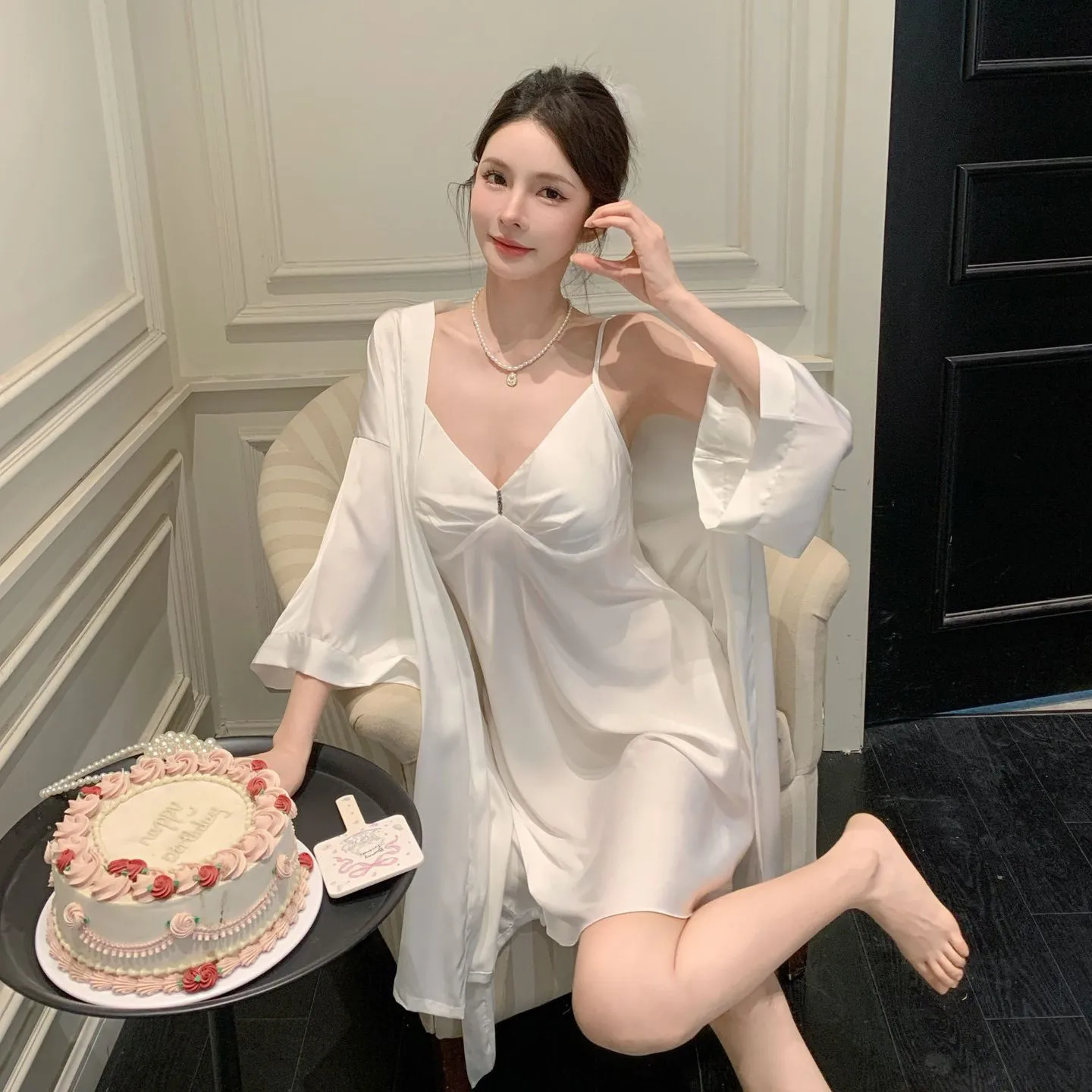 Pyjama Sexy pour Femme, Ensemble de Vêtement de Maison, Robe de Mariée, Dos aux, Tentation, Confortable