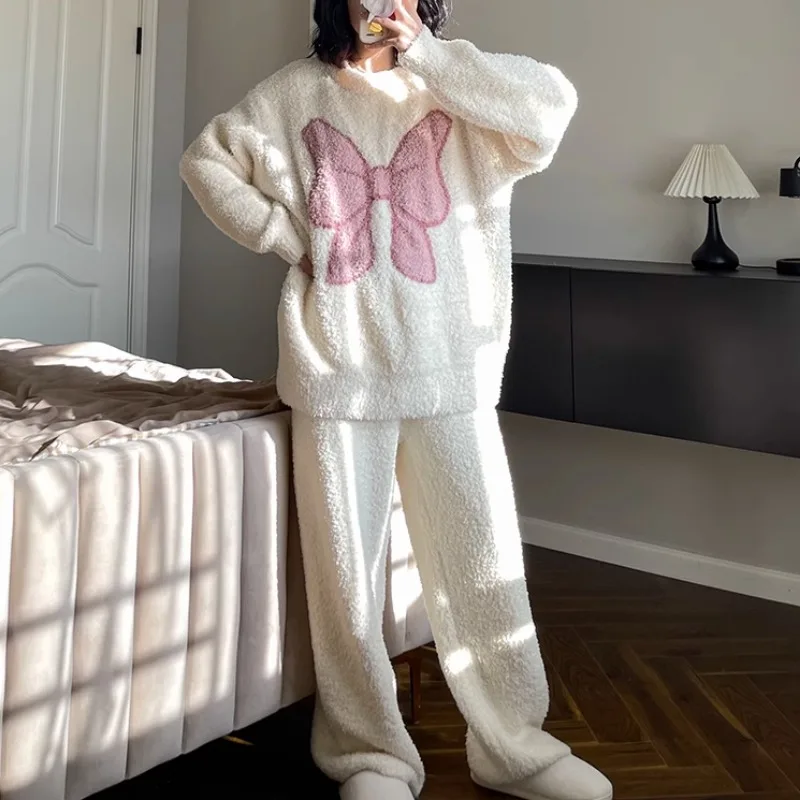 Coral Velvet Pajama Sets Women Thicker Bow Sweet Keep Warm Full-length Comfortable Sleepwear Furry Lovely Homewear Harajuku New