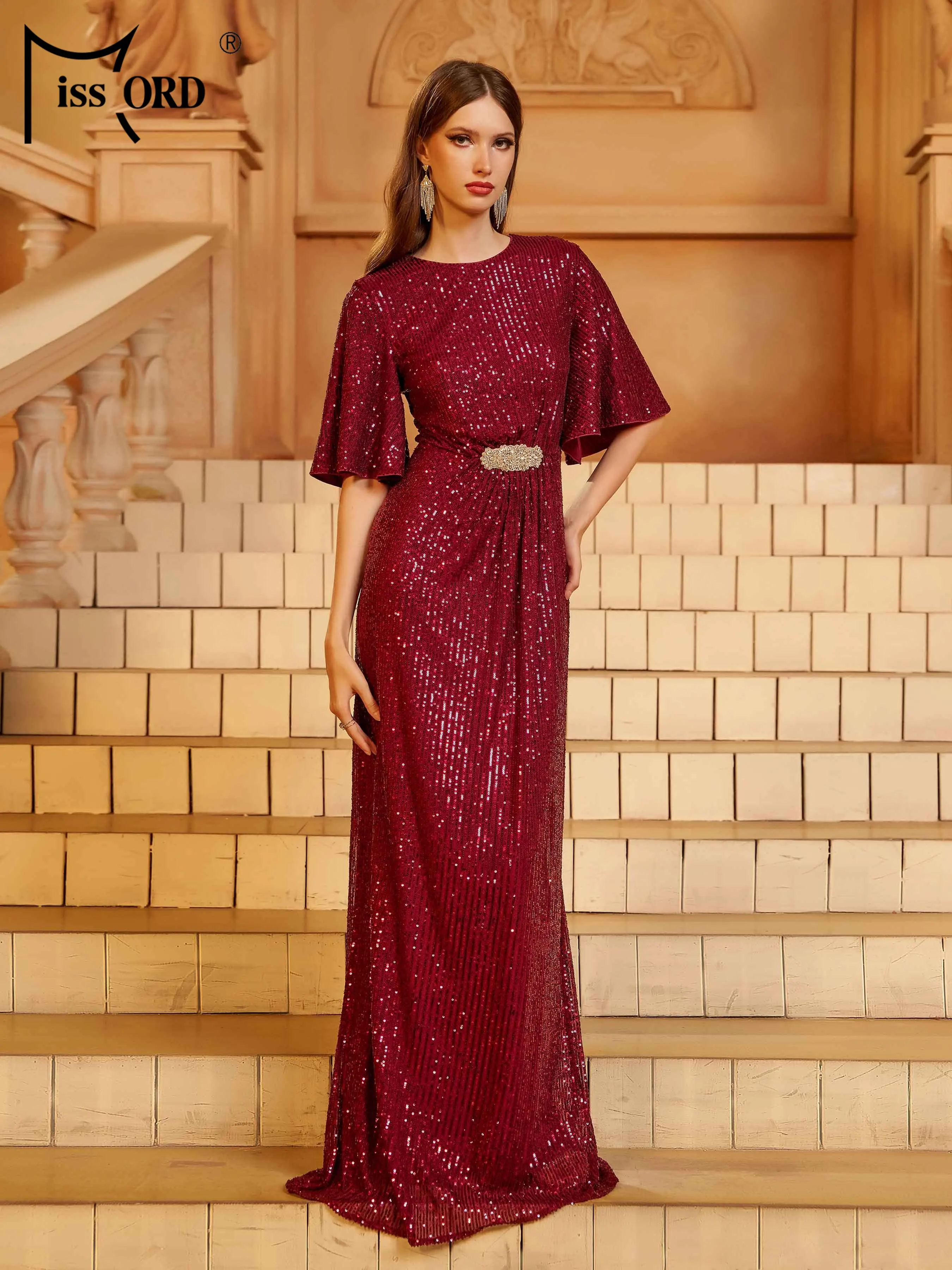 Missord novo em torno do pescoço manga curta lantejoulas vestido de noite festa de aniversário de casamento ocasião formal formatura até o chão vestidos