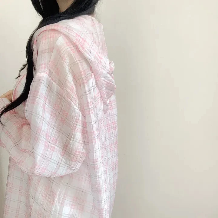 Korean Style Plaid Hooded Thin Shirt Women's Spring Summer Autumn Fashionable Youthful Sun Protection Clothing