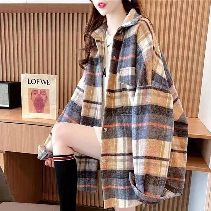 Women Korean Spring Thickening Frosted Plaid Cardigan Blouse Female Hong Kong Style Retro Loose Fit Leisure Long Sleeved Shirts