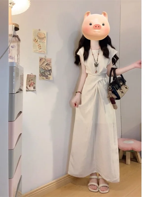 

plus Size Women's Ele Pleated Belted round Ne Dr Summer New Sle Waist Cinching Slit A-Line Long Dr Korean Sle