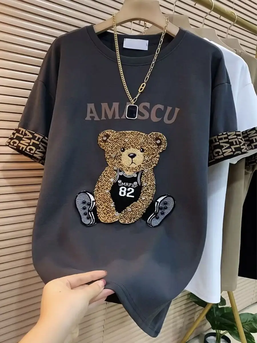 

Футболка большого размера в стиле пэчворк с ромбовидной инкрустацией и короткими рукавами для женщин на осень и зиму, свободная посадка, модная и универсальная половина S