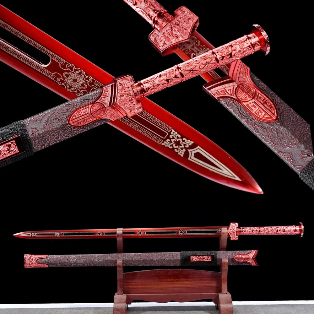 Beautiful Chinese Tradition Sword Kungfu Han-Jian Red High Manganese Steel Blade Leather Wrap Wood Sheath Full Tang