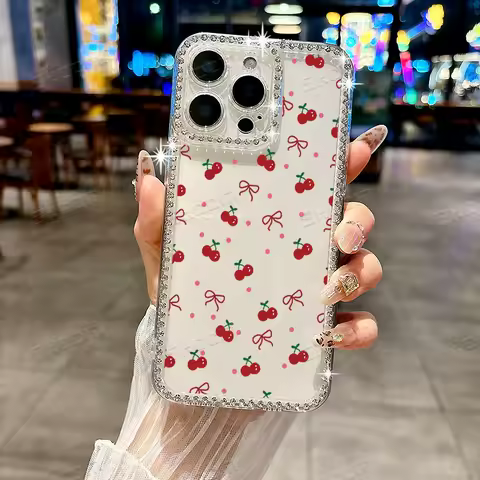Cute Cherry Bow Print Phone Case For Samsung Galaxy S25 S24 S23 Ultra S22 S21 S20 Plus FE A34 A54 A15 A16 Diamond Border Cover