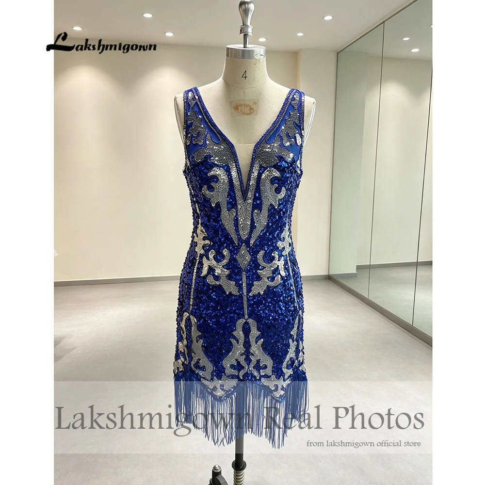 Retro-blaues Paillettenkleid mit asymmetrischem Saum und Fransen, kurzes Homecoming-Kleid, hübsches kurzes Partykleid – Detail 5