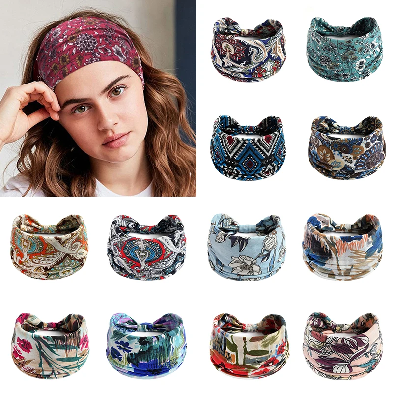 Fashion Women Boho Flower Wide Girls Hair Bands Print Headbands Knot Elastic Turban Bandage Bandanas HairBands Hair Accessories