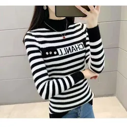 Contrast Color Autumn Winter Button Letter Striped Sweater Knitted Pullover Women's Clothing Long Sleeve Half High Collar Tops