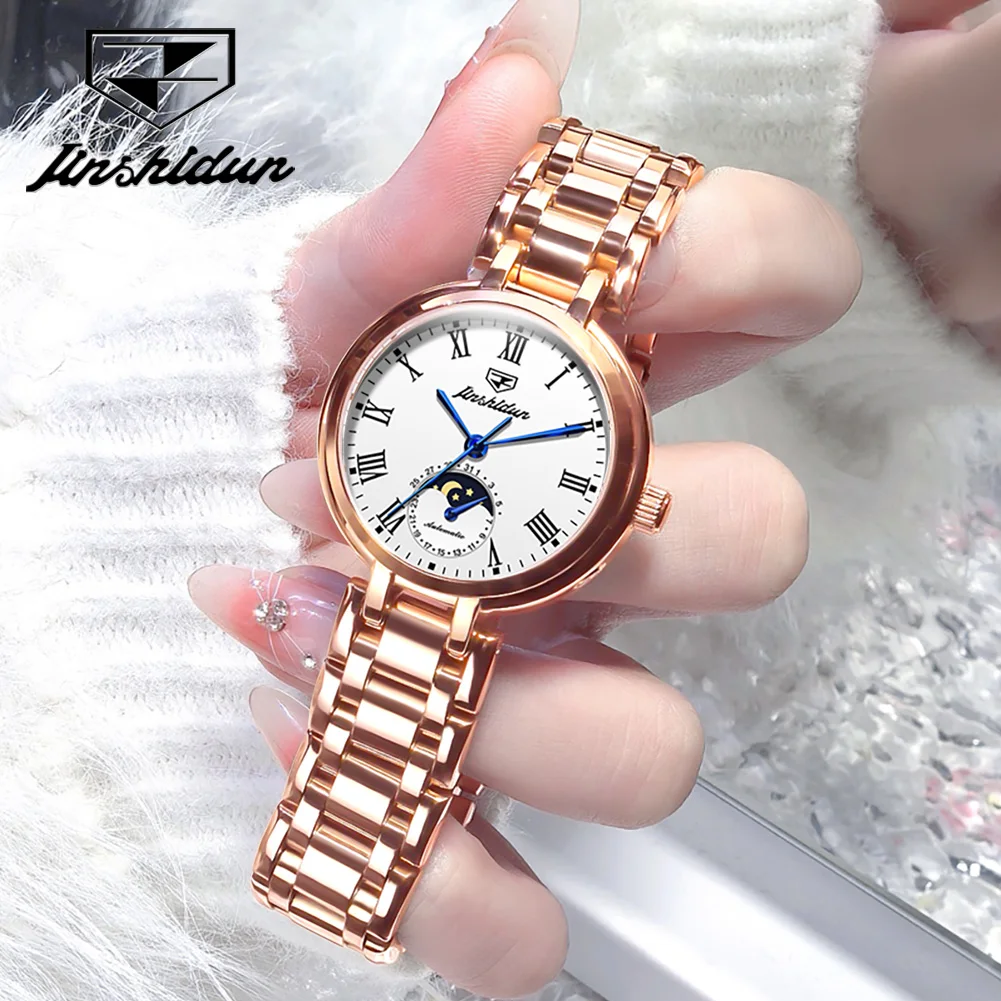 JSDUN 8981 Luxury Ladies Mechanical Watch Waterproof Stainless Steel Strap Brand Automatic Watch Elegant Moonphase Ladies Watch