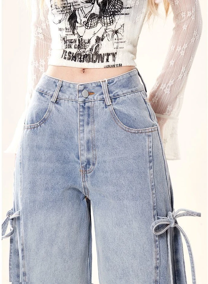 Jesienne nowe sznurowane dżinsy z muszką, damskie amerykańskie retro wszechstronne luźne spodnie z szerokimi nogawkami do podłogi