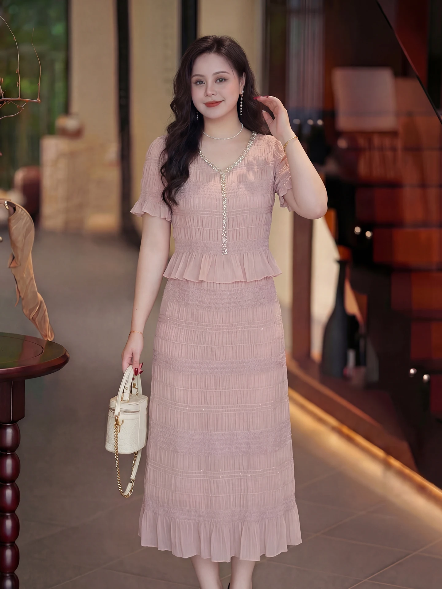 

Dave's plus Size Women's Summer New Style V-Neck Dress Fake Two-Piece High Waist A-Line Skirt for Important Occasions