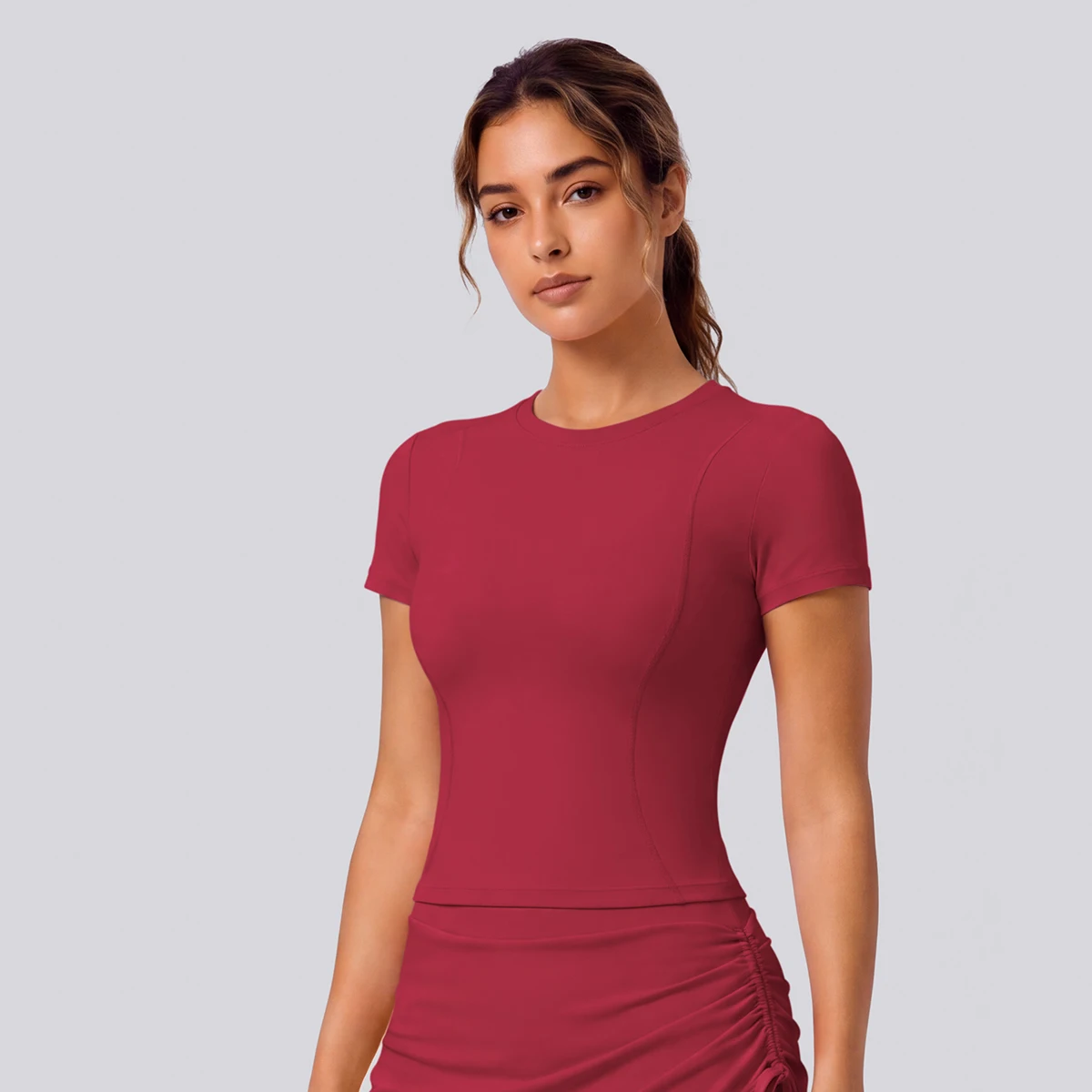 Rooftrellen Schnelltrocknendes Enges Yoga-T-Shirt für Damen, Kurzarm, Einfarbig, Atmungsaktives Sport-Top für Fitness und Yoga – Detail 14