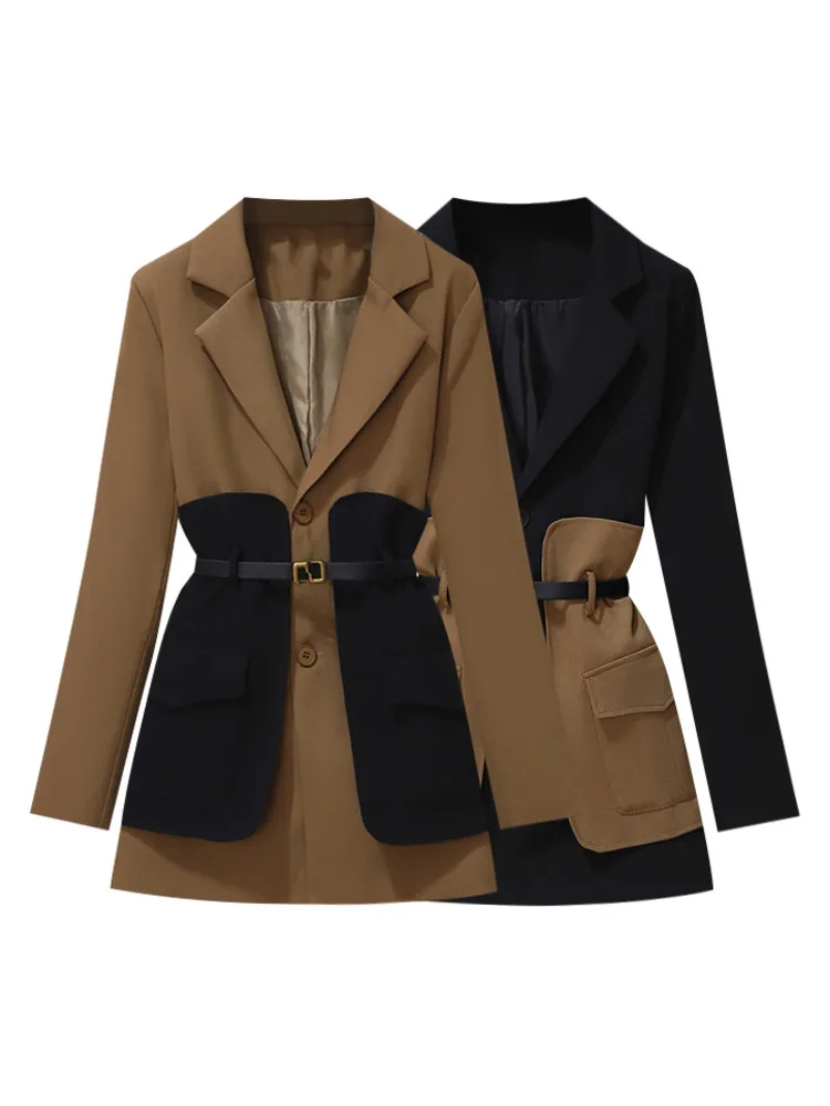 Women Blazer Patchwork Single Breasted Full Sleeve Ladies Suit Coat Belt Color Matching Women\'s Long Suit Jacket 2022