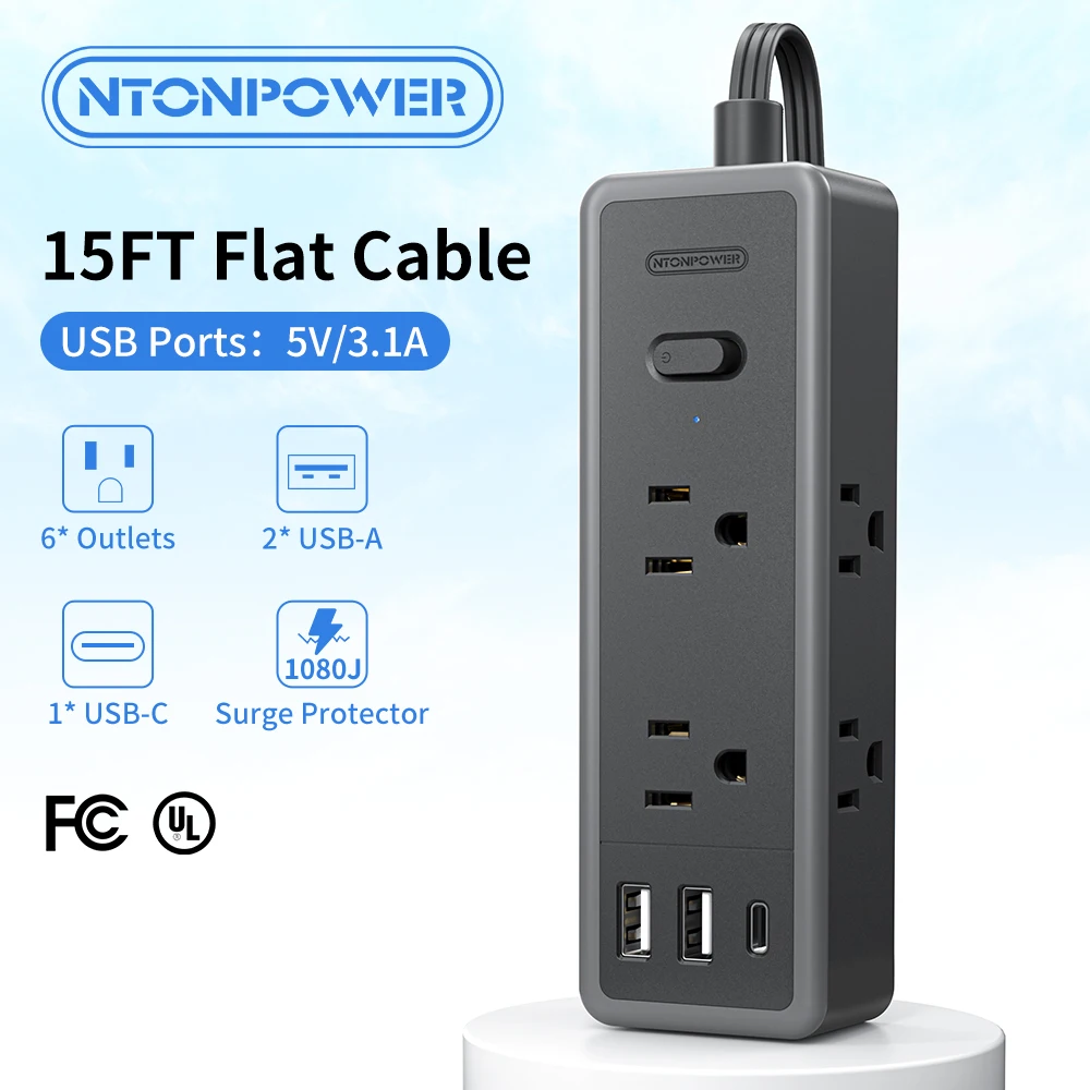 

US Plug Power Strip 6 Outlets 3 USB Ports (1 USB - C), 15ft Extension Cord surge protector & network filter