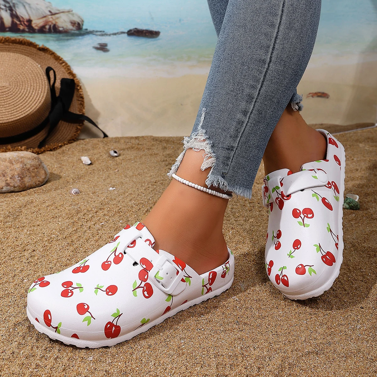 Damen-Slip-On-Sandalen mit Kirschmuster, bequem, langlebig, mit doppelter Schnalle, verstellbar, leicht, tragbar, für Reisen, Urlaub, Straße – Detail 4