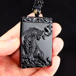 Natural Black Obsidian Tiger Pendant Chinese zodiac Necklace Fashion Charm Jewellery Carved Pixiu Amulet Gifts for Women Men
