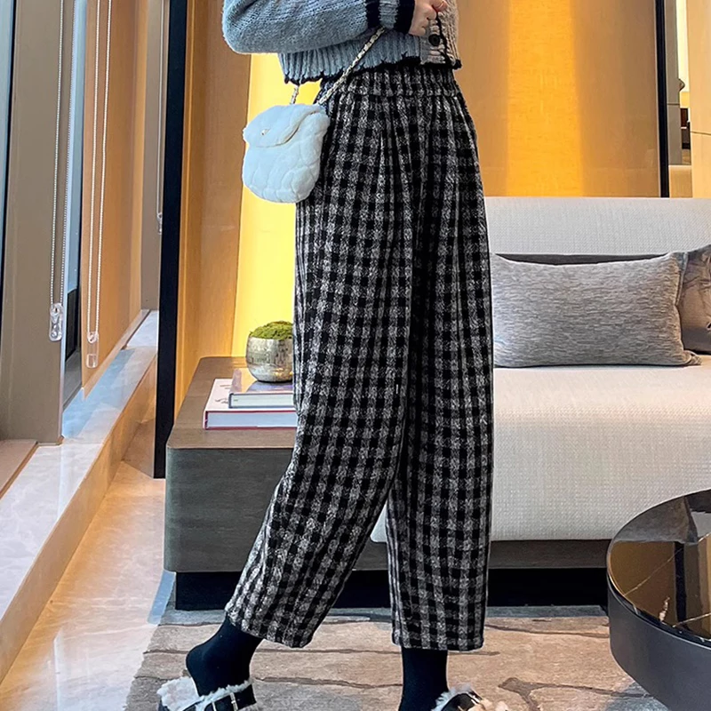 

Elastic waist plaid harem pants for women autumn winter coffee colored woolen fabric ankle binding casual woolen radish pants