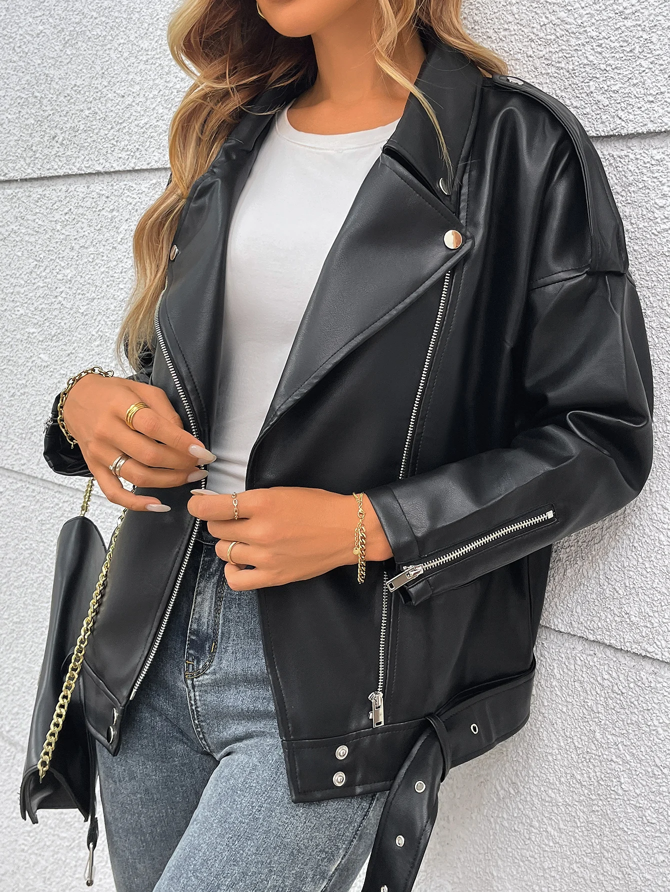 Fitaylor jesienno-zimowa damska kurtka ze sztucznej skóry PU Casual Lady z klapami i zamkiem błyskawicznym luźny płaszcz skórzana odzież motocyklowa