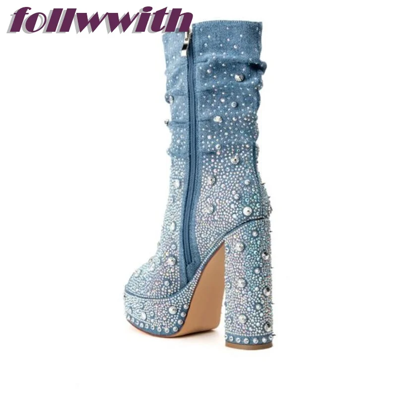 Bling Rivet Decoration Denim Square Heel Peep Toe Pumps Platform Super High Fashion Modern 2025 Hot Sale New Arrival Shoes