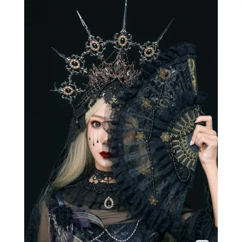 vintage black lace lolita fan hand made Gothic chain Anime cosplay Accessories Can't open and close fan