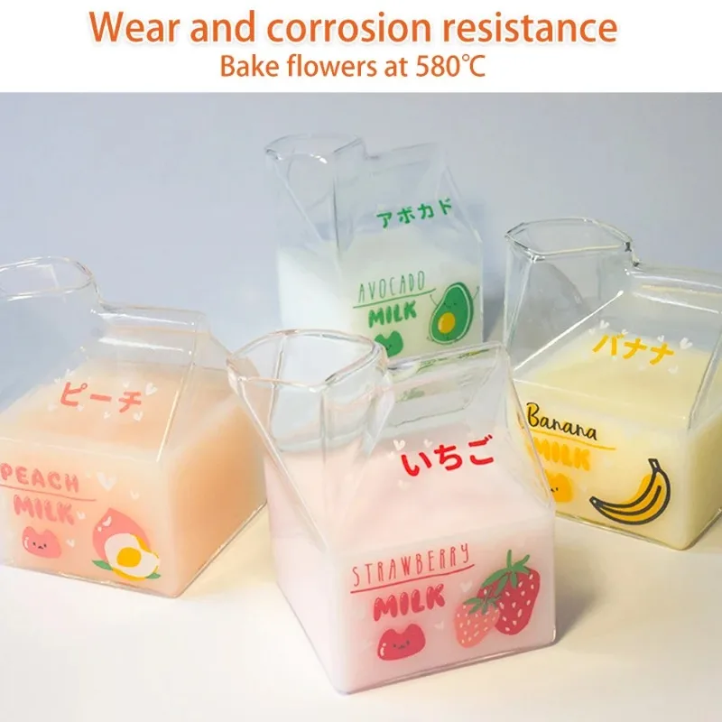 Cute Strawberry Peach Breakfast Cup Pudding Cup Milk Bottles 350ml Kawaii Square Milk Carton Glass Cup Heat Resistant