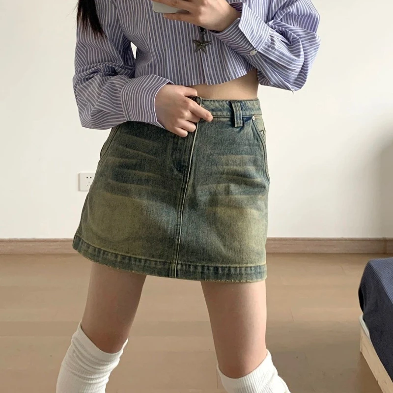 Vintage A-line Denim Skirts Women Mini American Style High Waist Streetwear Do Old Personality Y2K Girlish Hotsweet Casual Chic