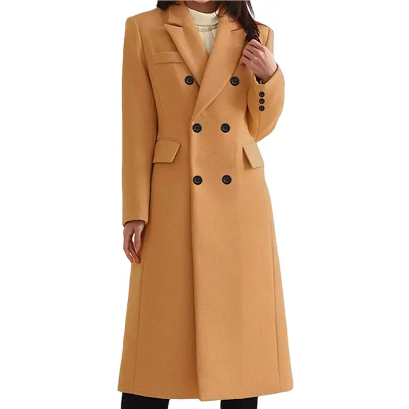 

CYL-Women's Classic Notched Lapel Double-Breasted Warm Pea Coat Overcoat With Pockets Khaki XXL
