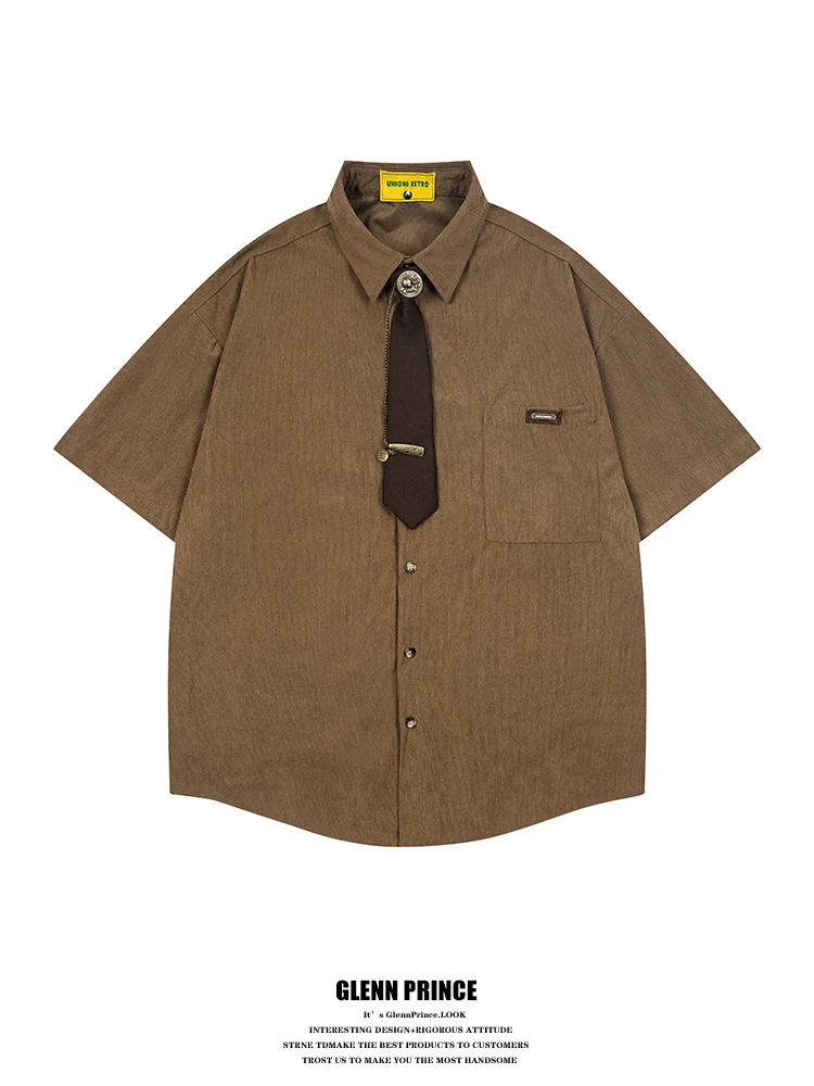 

Loose Fit Corduroy Short Sleeve Shirt Men's Summer Breathable Youth Fashion Hong Kong Style GPstudio Japanese Retro Tie Shirt