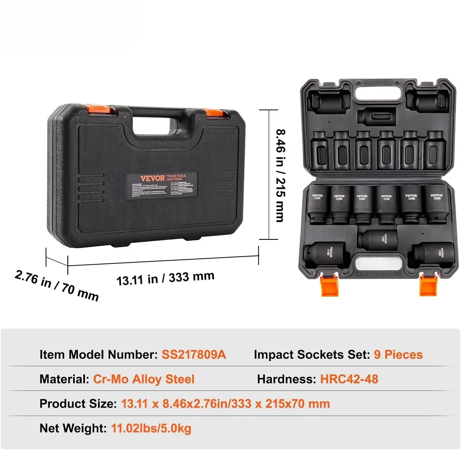 1/2" Drive Impact Socket Set, 9 Piece Deep Socket Set Metric 29-38mm, 6 Point Cr-Mo Spindle Axle Nut Impact Socket Set