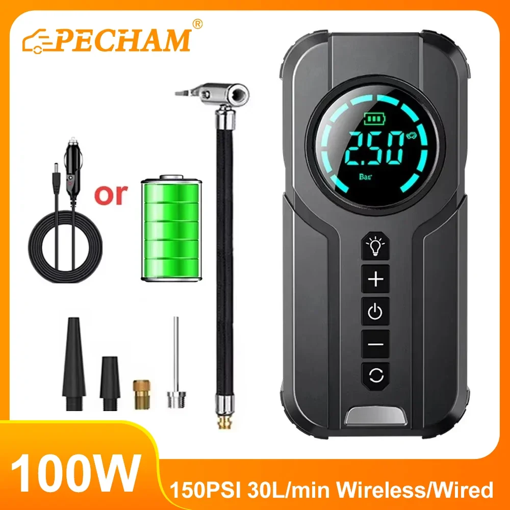 

100 Вт автомобильный электрический воздушный насос, перезаряжаемый воздушный насос, ЖК-дисплей для накачивания шин мотоцикла, проводной/беспроводной воздушный компрессор