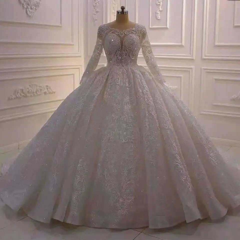 Customized Modest Long Sleeve Ball Gown Wedding Dresses Vestidos De Casamento Sheer Neck Lace Appliqued Sequins Plus Size Brida