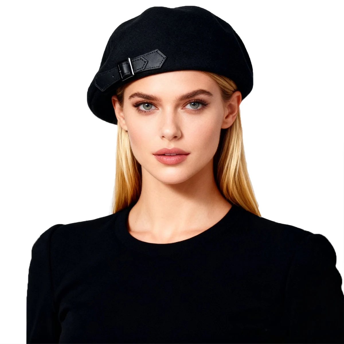 

Autumn/Winter Black Wool Felt Equestrian Hat For women Ladies Elegant vintage Party Church Octagonal Beret Hats With belt buckle