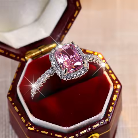 Luxury Female Girl Big Crystal Pink Square Zircon Stone Ring Silver Color Wedding Jewelry For Women