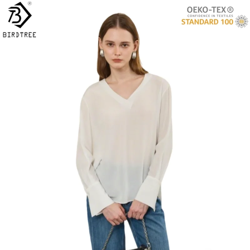 

Birdtree,OEKO-TEX,100% Real Silk Solid Undershirt,Women's V-neck Full Sleeve Soft Tops,2026 New Basics Loose Pullover T61408JF