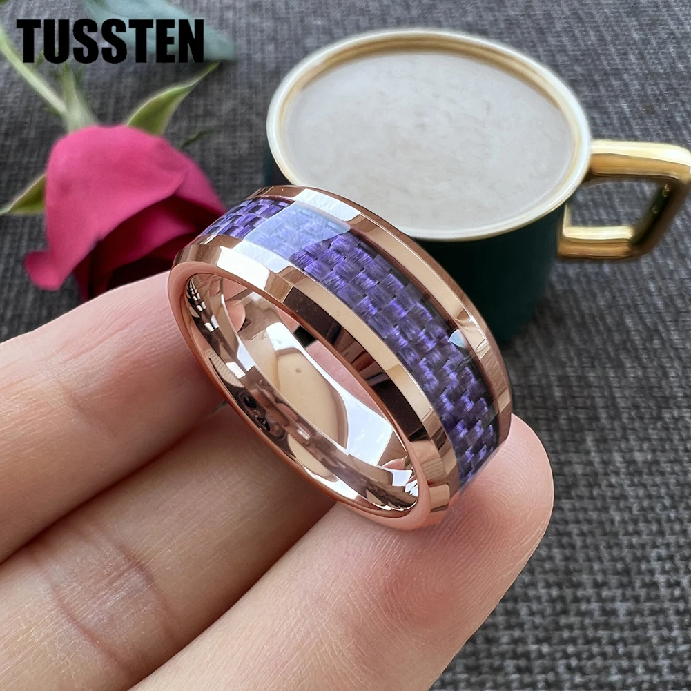 TUSSTEN 6/8MM Classic Tungsten Wedding Band Ring For Men Women With Purple Carbon Fiber Inlay Bevel Polish Comfort Fit