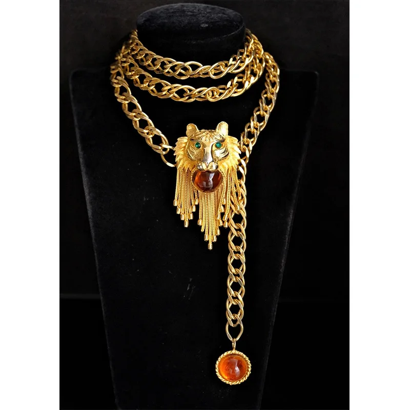 Vintage Gold Tiger Head Tassel Necklace Multilayer Chain Amber Stone Choker Retro Statement Women Jewelry