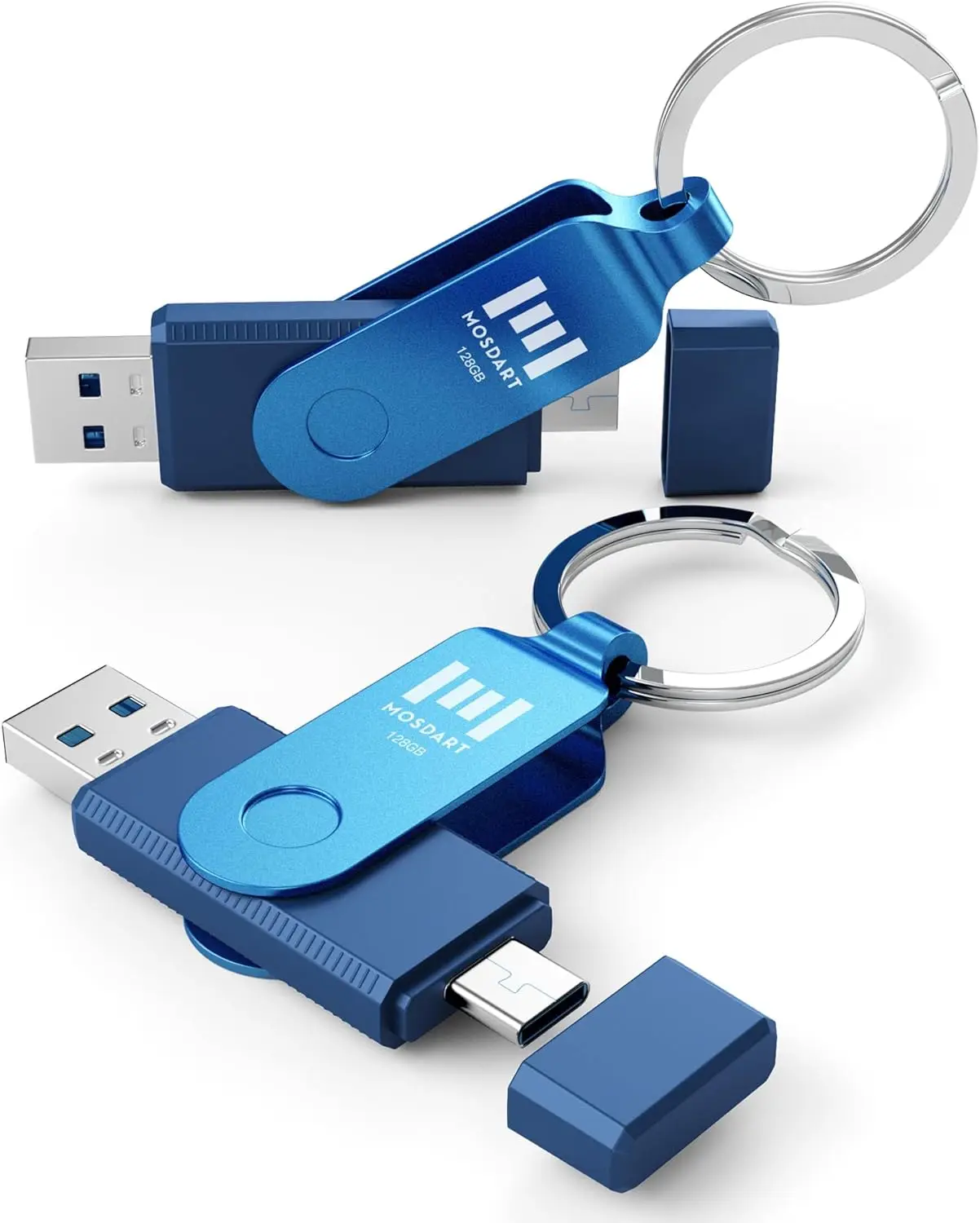 

128GB Dual USB 3.2 Type C Flash Drive, 150MB/S Speed with Keychain & LED Indicator for iPhone, Android, iPad, MacBook (2 Pack)