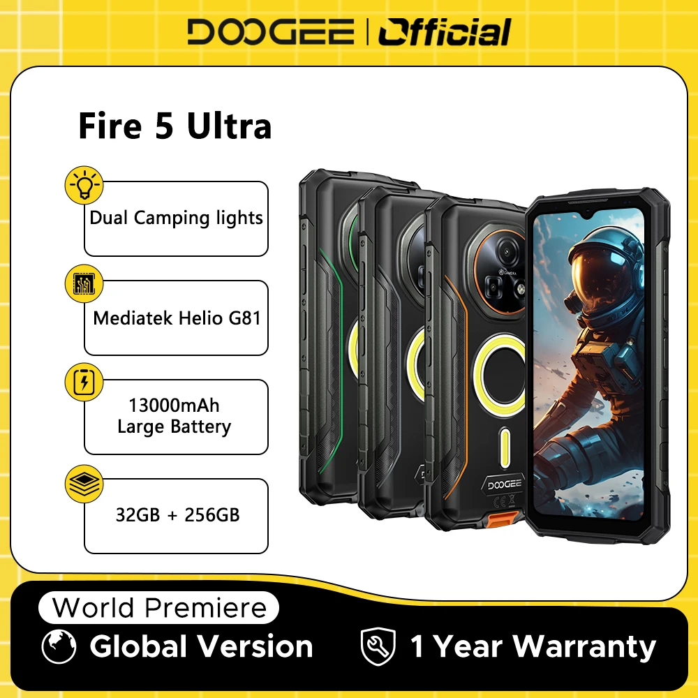 الإصدار العالمي DOOGEE Fire 5 هاتف متين للغاية 32 جيجابايت + 256 جيجابايت بطارية 13000 مللي أمبير في الساعة Mediatek Helio G81 6.6 بوصة 48 ميجابكسل أضواء التخييم