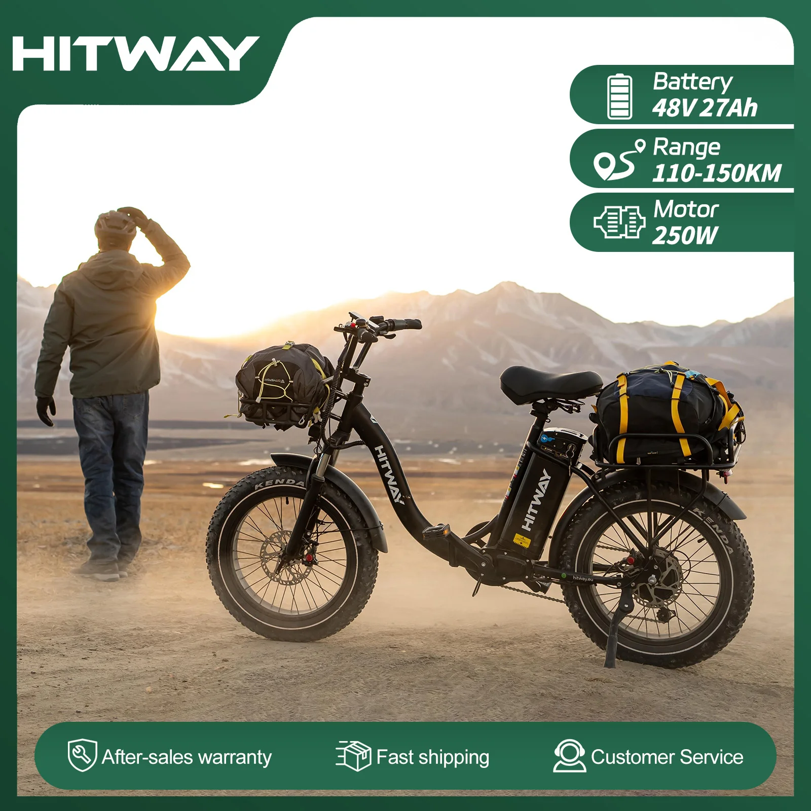 Bicicletta Elettrica Hitway Bk6S Plus, Batteria 48V 27Ah, Autonomia 110-150Km, Ruote Fat da 20 Pollici, Portapacchi Doppio, Motore 250W, 25Km/H, 7 Velocità