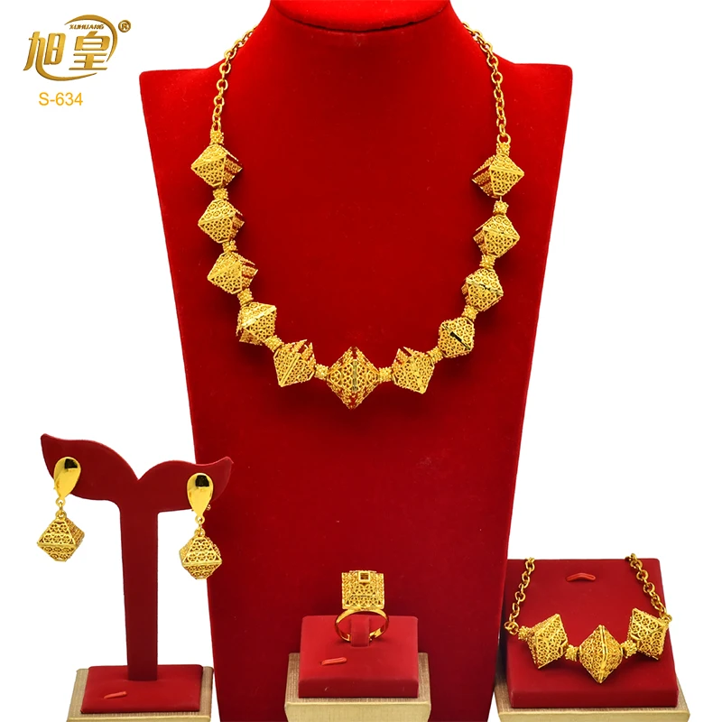 Fashion Dubai Gold Color Jewelry Set for Women Nigeria Wedding Necklace Earrings Bracelet Ring Bridal Jewellry Accessories 24K