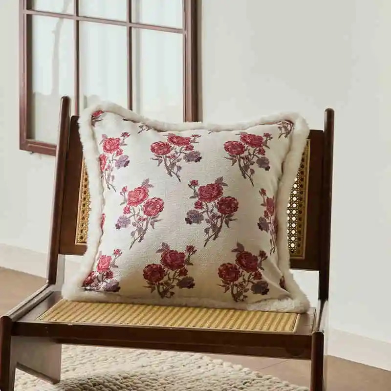 French Classical Pillowcase Living Room Decorative Cushion Cover Vintage Red Rose Elegant Square Cushion Car Bedroom Pillow